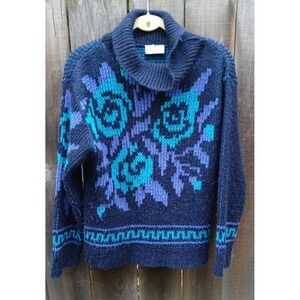 Vintage 80s NEXT Sweater Chunky Knit Floral Roses Blue Purple‎ Turtleneck Retro